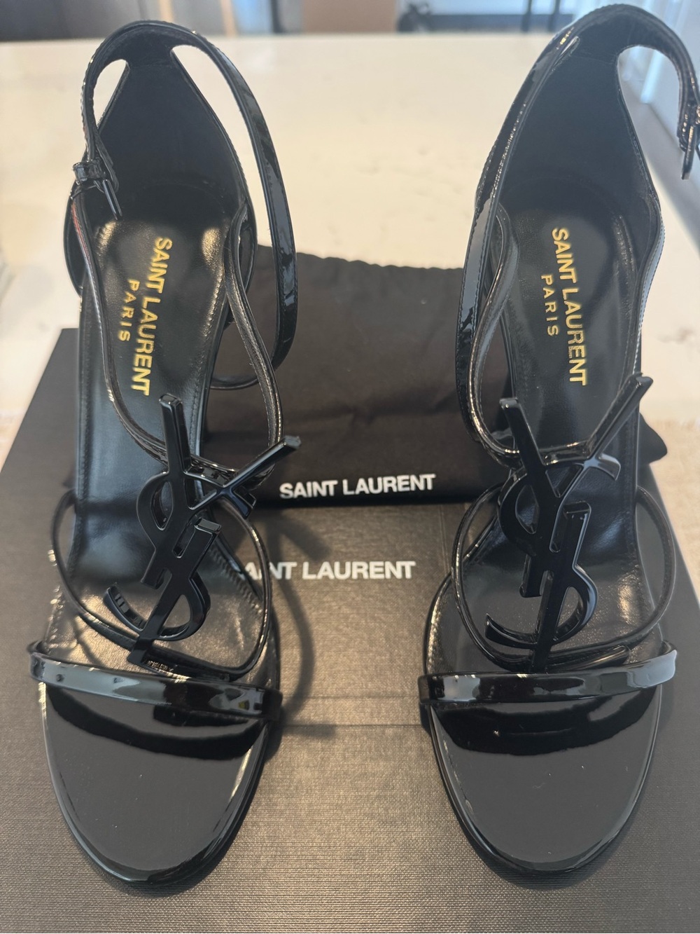 Saint Laurent Black Patent YSL Logo Slingback Heels - Picture 5 of 7